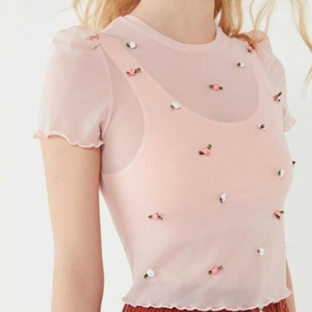 Urban Outfitters sheer mesh floral 90's short slee - Picture 1 of 6